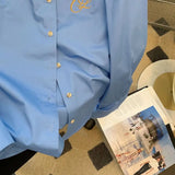 Elegant Women Blouses Spring Clothes Ladies 2024 Korea Blue Embroidered Shirt for Women's Spring New Casual Oversized