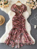Retro Minority Design Rope Printing V-Collar Jumpsuit Skirt Summer Women's Dress Waist Hip Fishtail Skirt