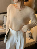 Zingj Chic Ice Cream Cream Sweater Female Early Spring Soft Waxy Hollow Out Sweater Thin Round Collar Over High Waist