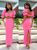 Women Two Piece Skirt Set Square Collar Princess Sleeve Top Slim Bright Line Decoration Dress Suit New Evening Party