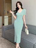 Zingj V-Collar Short-Sleeved Knitted Dress For Women In Summer, A Thin, Tight Waist, Slim, Slim, Medium-Length Hip