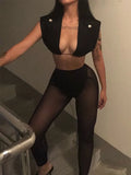 Sexy Mesh Two Piece Set Women Unique Design Oversize Sheath Cleavage Sleeveless Top+SeeThrough Stretchy Hot Female