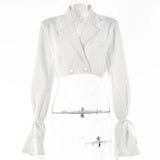 Women Blazer V Neck Long Sleeve Cropped Blazer Autumn Chic Button Lace Up Turn-down Collar