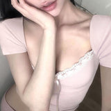 Girls Sexy Lace Tie Square Tie Bow Tie Waist Knitted Short-Sleeved Blouse Pure Desire Short