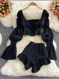 Two Piece Set Women 2024 Summer New High Street Fashion Sexy French Outfits Navel Blouses + Solid Wild Ruffles