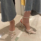 and American New Mesh Pearl Baotou Thin Heeled Sandals Pointed Bow High Heels