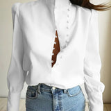 Turtleneck Blouse Long Sleeve White Shirt Office Ladies Top Casual Solid Single-Breasted Puff Sleeve Womens