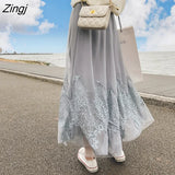 Skirt Women High Waist Lace Mesh Long Skirt Female Spring Vintage Korean Black Beige A-line Pleated Midi Skirt Faldas