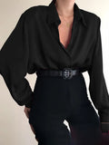 Button Blouses Turn Down Collar Shirts Office Lady Long Sleeve Casual Blouse Loose OL Shirt Baggy Tops Red/Wine Red