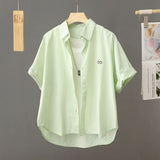 Korean Version Of Casual Smiley Face Embroidered Short-Sleeved Shirt Women 2025 Spring And Summer New Small Plaid Short