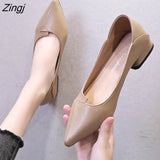 Women Leather Pumps Shoes Office Lady Med Square Heel Pointy Toe Slip On Work Shoes Classic Heel 4