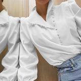 Turtleneck Blouse Long Sleeve White Shirt Office Ladies Top Casual Solid Single-Breasted Puff Sleeve Womens