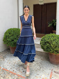 Ethnic Style Printed Long Dress Women Fashion Flying Sleeve V-neck Rruffles Vestidos Female Summer Chic Holiday