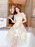 Elegant Floral Chiffon Party Dress Women Fashion Puff Sleeve A Line Midi Dress Sweet Square Collar Korean Female