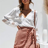 Women Long Sleeve Blouse Shirt Casual Ladies V neck Lace Hollow Out Office Shirts Tops Pullover Tops