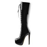 Onlymaker Women's Round Toe Stiletto Platform Zipper Knee High Boots16CM High Heel Pattern Lace Up Plus Size Boots For