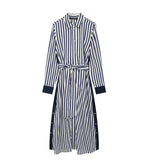 Spring Style Striped Flute Shirt-Style Belt Dress