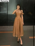 New Elegant Midi Dress For Women Solid One Piece A Line Femme Holiday Fashion Party Prom Clothing