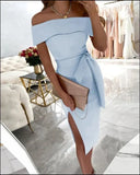 Off-neck Solid Mid Waist Color Lace-up Regular
