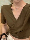 Summer Casual Tee Tops Women T shirts Solid V-neck Sexy Cropped Cross Tie-Up Harajuku Basic Korean Street T-shirts
