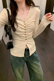 V-Collar Pleated Shoulder Long-Sleeved T-Shirt A New Spring Style Slim Design With A Bottomed