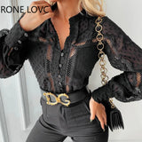 Women Chic Solid Hollow Out Long Lantern Sleeves Button Black Working Blouse