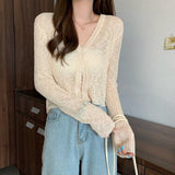 Women V-neck Solid Single Button Slim Knitted Thin Tops Female Korean Style Simple Trendy Long Sleeve Sun