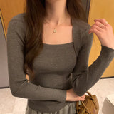 Retro Style Pure Desire Square Collar Slim Long-Sleeved Pullover Sweater With Sexy Bottom In Autumn And
