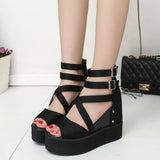 Version Of Women's High-Top Zipper Hollowed-Out Roman Sandals Muffin Thick Soles Raised Fish Mouth Slope Heels Large Size Of Women's