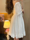 Elegant Women Sweet Lolita Dress 2022 Summer Square Collar Bandage White Princess Dresses Short Sleeve Ruffles