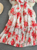 Women Floral Chiffon Draped Long Dress Vintage V-Neck Short Puff Sleeve High Waist Ruffle Pleated Vacation Beach Robe
