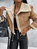 Women Winter Faux Leather Jacket Long Sleeve Lapel Fleece Linen Coat Zip Up Motorcycle Jacket Warm Sherpa Coat