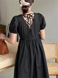 Women Elegant Fashion Puff-Sleeve Midi Dresses Lady One Piece Vintage Female Party Clothes