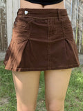 Pleated Mini Denim Skirt Women High Waist A Line Brown Micro Skirt Femme Girls Hot Jeans Skirts Grunge Bottom