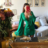 Women's Satin Dresses Green Gold Deep V Neck Botton Lantern Sleeve Mini Dress Sexy Female Party Dresses Club Autumn