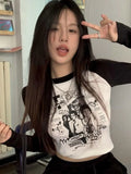 Black And White Stitching Contrast Color Cotton Printed Short Top Tight-Fitting Long-Sleeved T-shirt Women Grunge