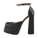 Onlymaker Square Toe Sandals Platform Thick High Heels Solid Mixed Colors Crystal Buckle Stain Sandals Graceful Women
