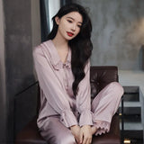 Women Pajamas Sets Sexy Lace Turn-Down Collar Pyjamas Sleep Suit Spring Summer Rayon Nightwear Casual Sleepwear Home