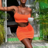 Sexy Camis Skirt 2 Two Piece Set 2021 Summer Women Fashion Neon Green Orange Solid Party