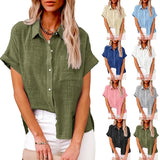 Summer New Women's Solid Color Linen Shirt Short Sleeve Casual Loose