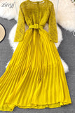 Women Lace Patchwork Pleated Long Dress Vintage Round Neck High Waist Big Swing Draped Vestidos Female Green/Red Robe