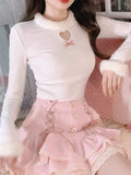 Aesthetic Heart Hollow Out T-shirts Casual O Neck Bow Patchwork Slim Tee Shirts Femme Puff Sleeve Kawaii Sweet Harajuku