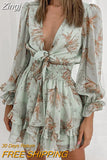 Women Spring V Neck Chiffon Print Dress Self-tie Knot Front Ruffles Leopard Dress Female Sexy Short A Line Party
