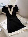Summer Polo Collar Short Sleeve Knitted Dress Women Korean Fashion Casual Straight Loose Knitting Short