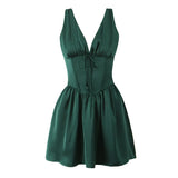 Green Stain Pleated V-neck Mini Dress- Outfit