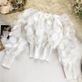 Off Shoulder womens tops and blouses Mesh Sheer Puff Sleeve Tops Summer 3D Flower Vintage White Women Shirt