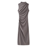 New Wrinkle Decorated Slim Long Midi Dress