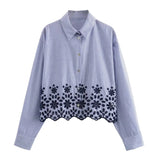 Spring Style Hollowed-Out Embroidered Striped Shirt