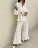 Women Elegant White Flared Pants 2 Piece Set Fashion Loose V Neck Lantern Sleeve Buttons Shirt Suits Summer Office Lady