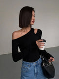Skew Collar Off-shoulder Long-sleeved T-shirts Women Spring 2023 New Solid Slim Fit Crop Top Sexy Hollow Out Tees